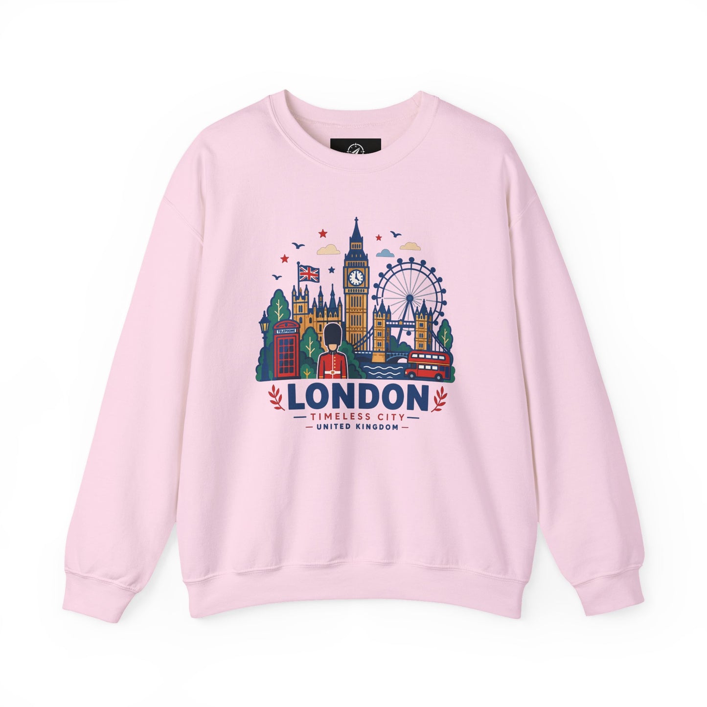 Light pink crewneck sweatshirt with London skyline artwork on chest