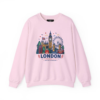 Light pink crewneck sweatshirt with London skyline artwork on chest