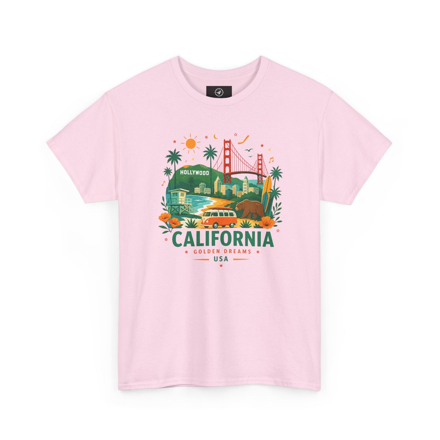 Light pink short-sleeve crewneck T-shirt with colorful California graphic print
