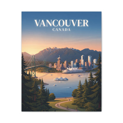 Matte canvas wall art with VANCOUVER title, mountains at sunset, harbor water, and evergreen trees.