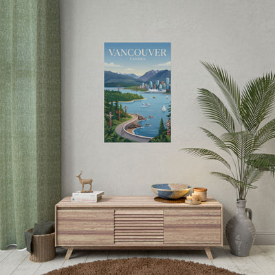 Vertical Vancouver Canada poster print with illustrated harbor, mountains, and city skyline.