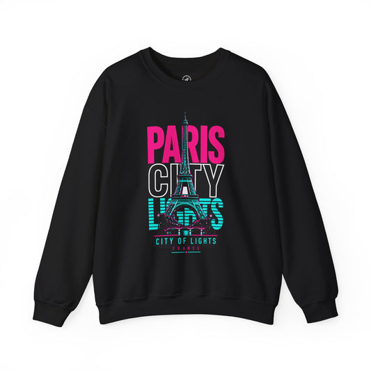 Black crewneck sweatshirt with PARIS CITY Eiffel Tower lights graphic in pink, teal, and white.