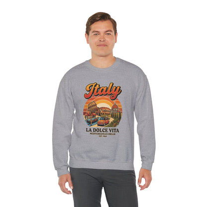 Sport grey crewneck sweatshirt with multicolor “Italy La Dolce Vita” graphic on front