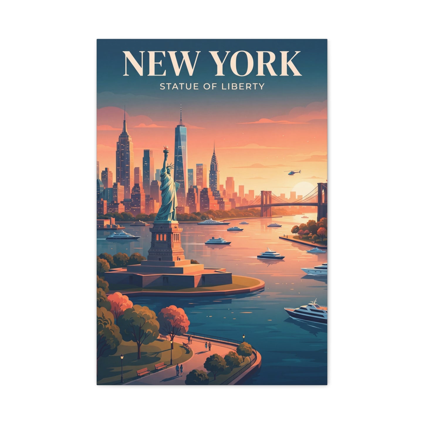 Portrait canvas wall art featuring Statue of Liberty, skyline buildings, and boats at dusk