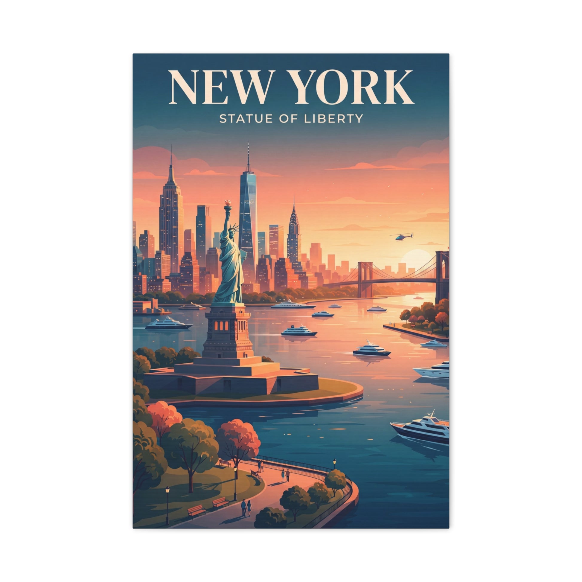 Portrait canvas wall art featuring Statue of Liberty, skyline buildings, and boats at dusk