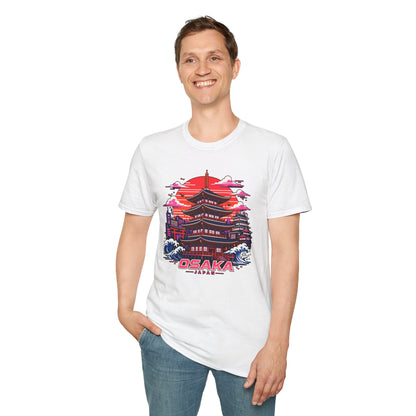White T-shirt with Osaka graphic print, worn by a smiling person.