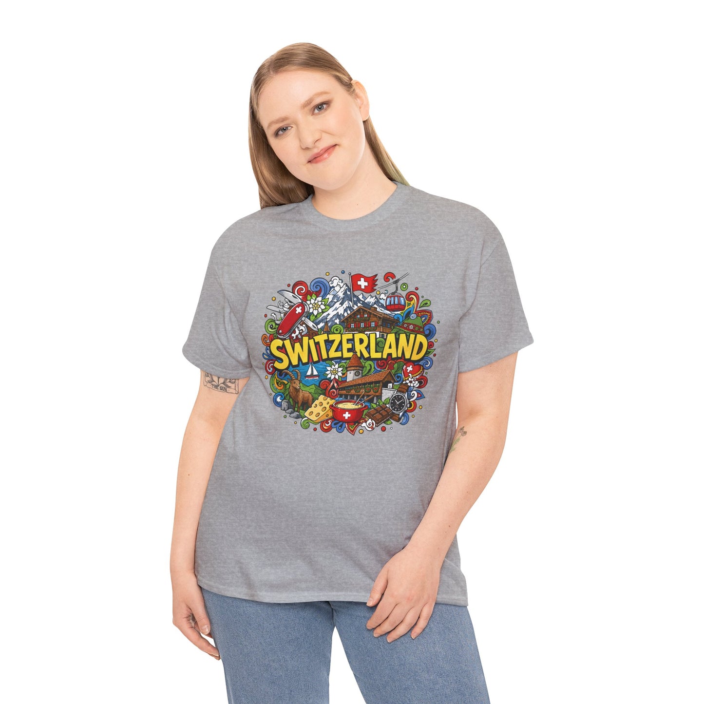 Switzerland-themed T-shirt in sport grey on-model front with colorful SWITZERLAND design