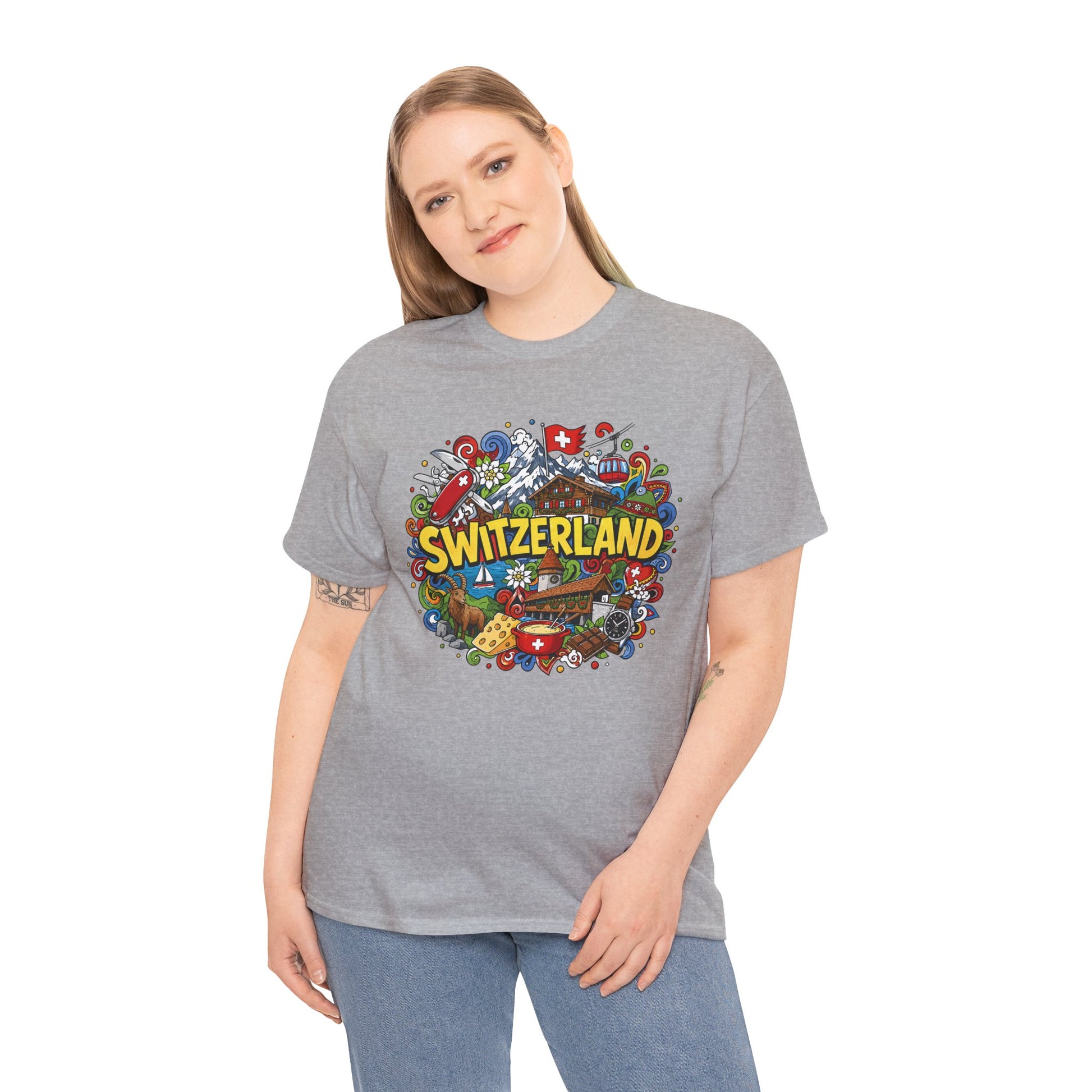 Switzerland-themed T-shirt in sport grey on-model front with colorful SWITZERLAND design