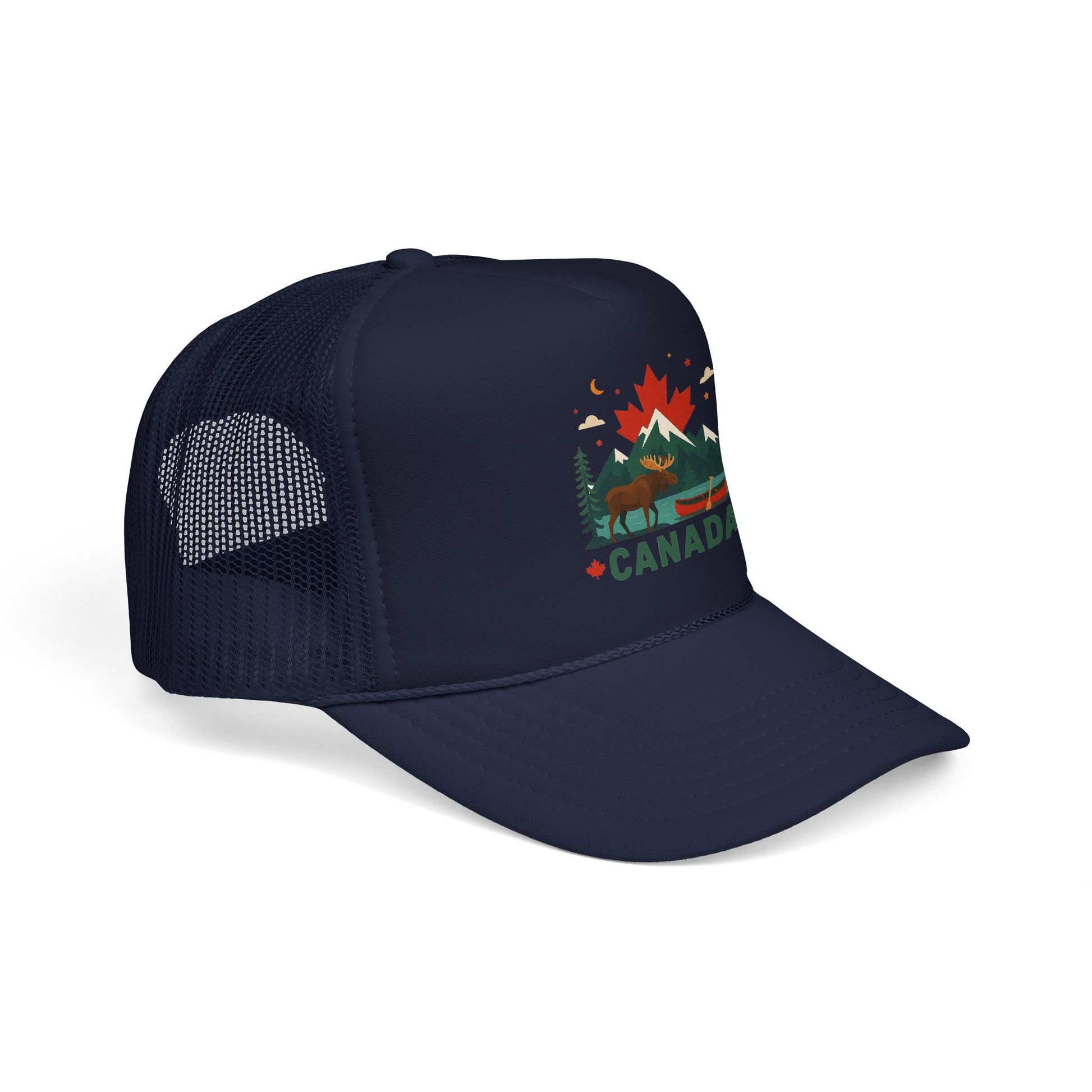 Navy Canada trucker hat with mesh back and colorful moose graphic