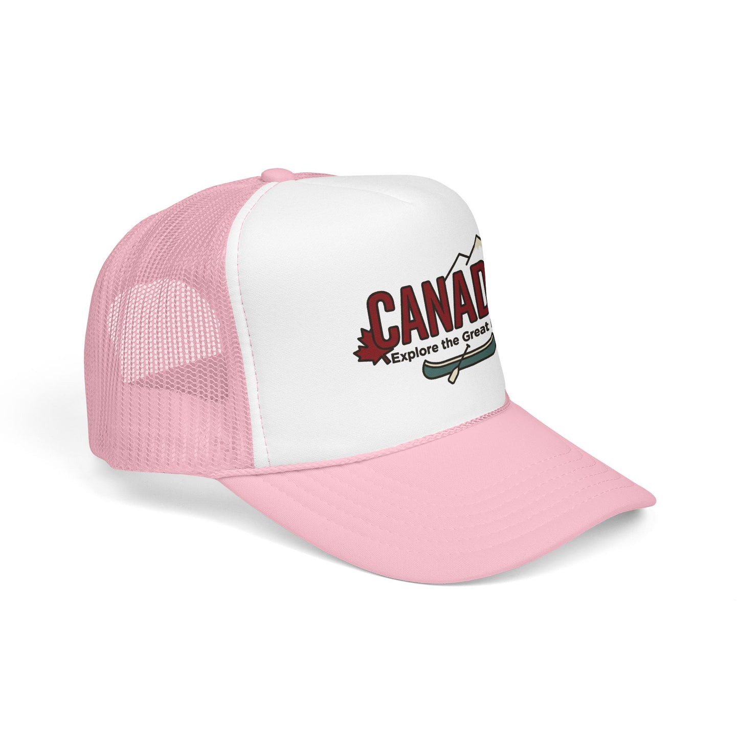 Light pink mesh trucker hat with white front panel and embroidered Canada logo