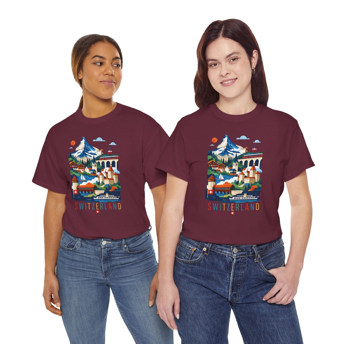 Maroon t-shirt with colorful Switzerland village graphic on the front.