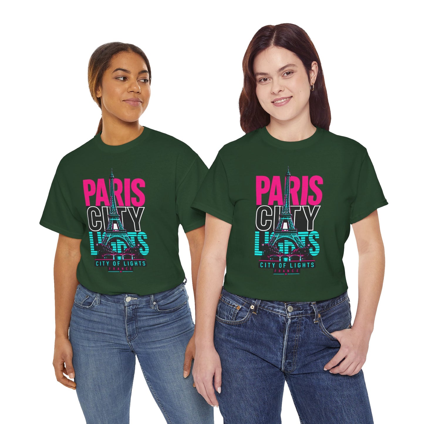Dark green unisex travel T-shirt with Paris City of Lights Eiffel Tower neon graphic