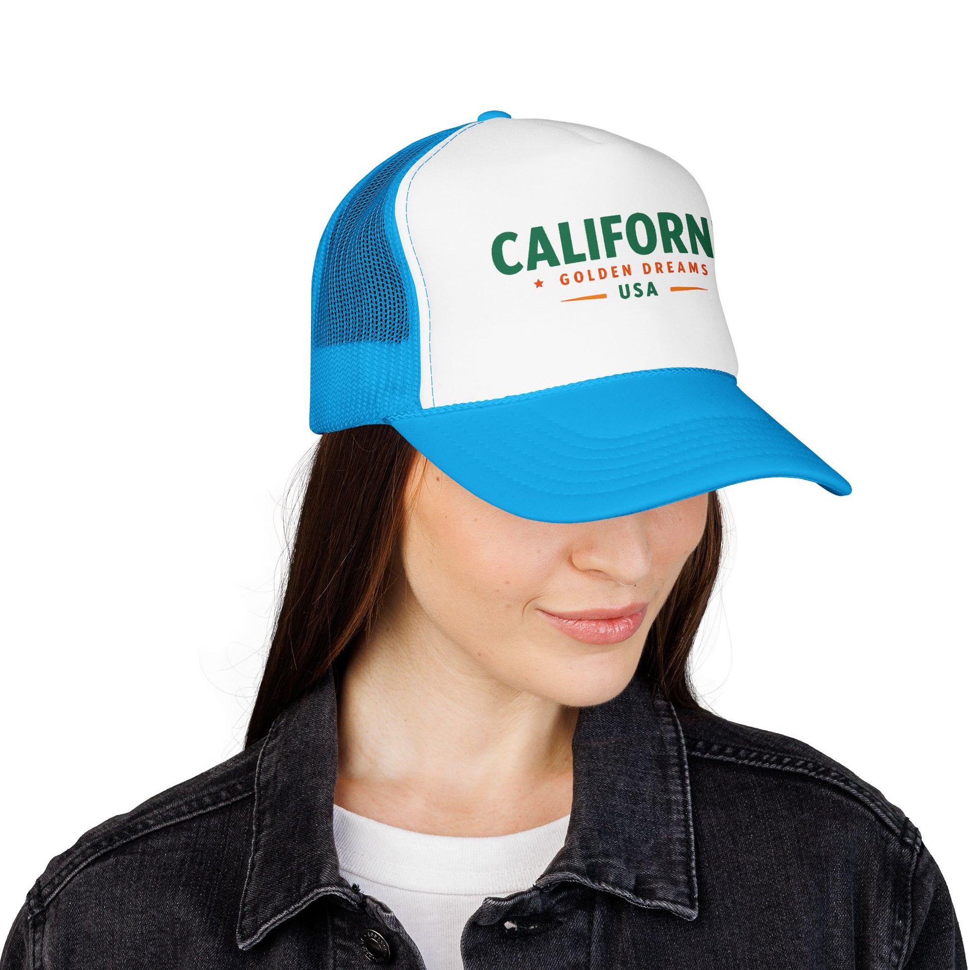 Blue-and-white trucker hat with green “CALIFORNIA GOLD DREAMS USA” patch