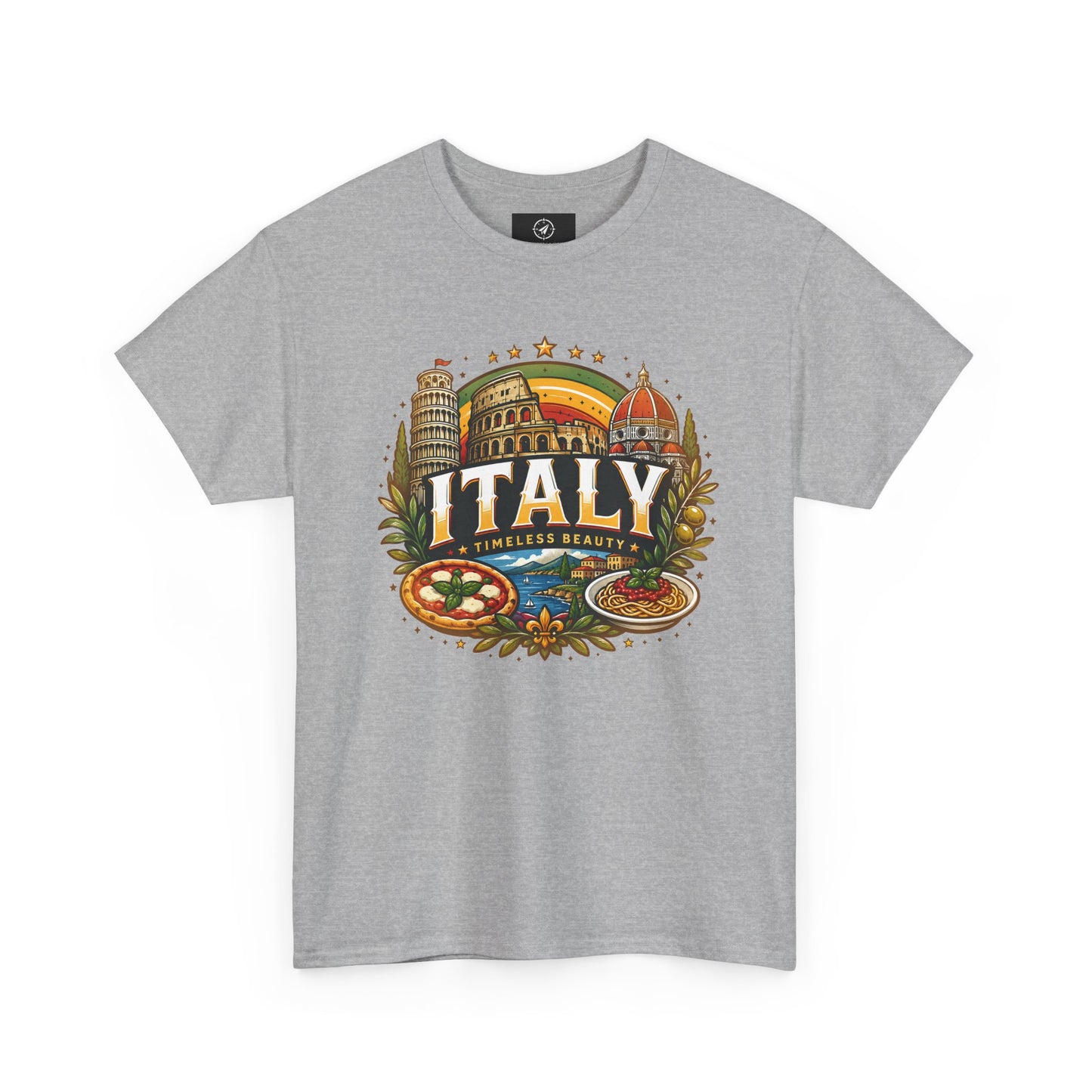 Heather gray short-sleeve t-shirt with colorful Italy landmark front graphic