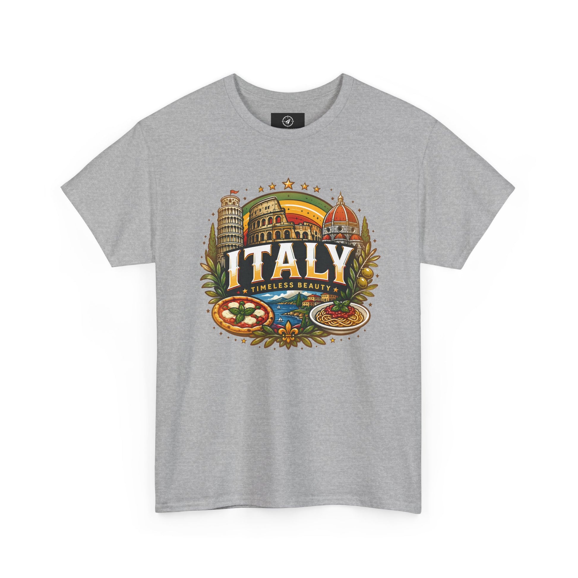 Heather gray short-sleeve t-shirt with colorful Italy landmark front graphic