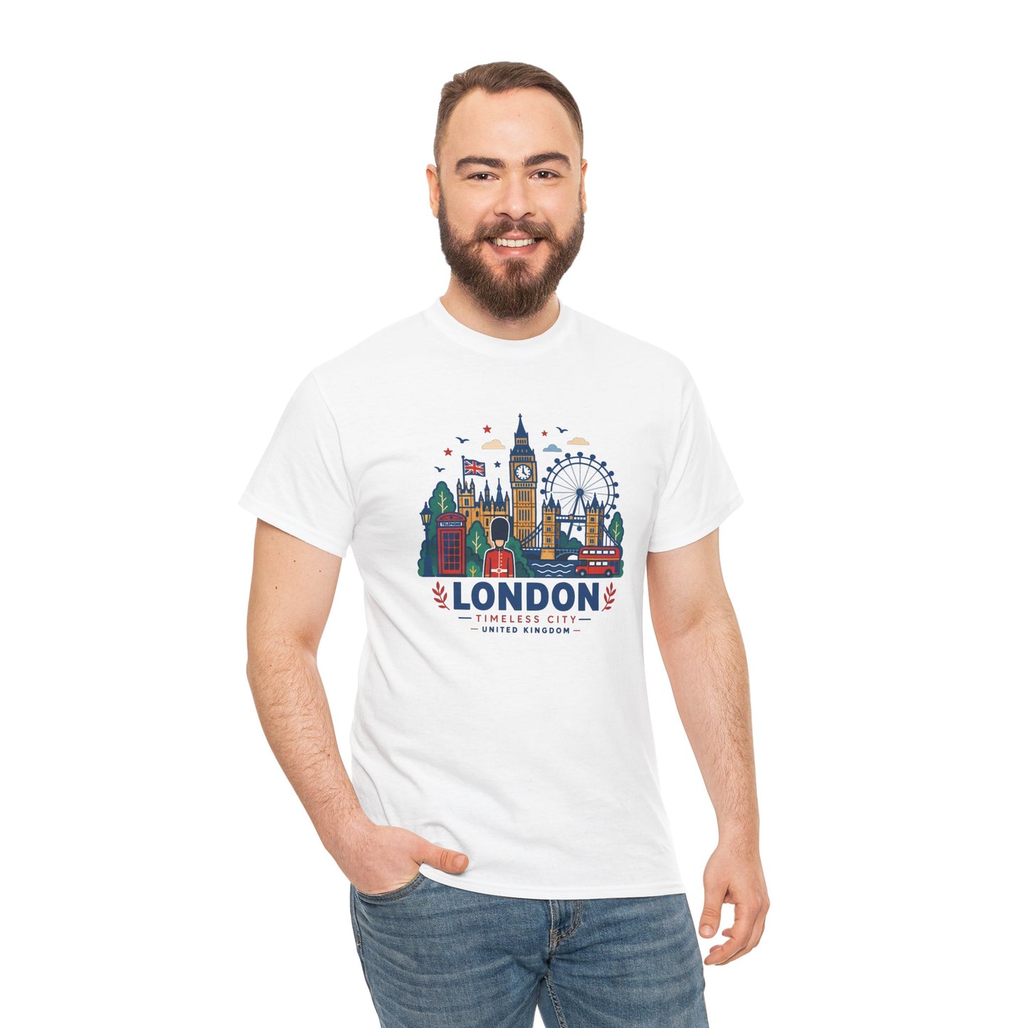 White crew-neck T-shirt with London skyline front print