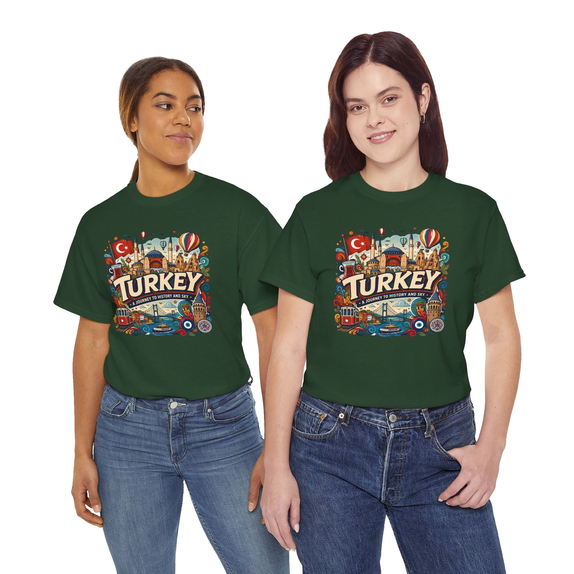 Dark green graphic tee with colorful Turkey front print, crewneck short sleeves