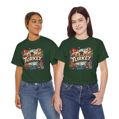 Dark green graphic tee with colorful Turkey front print, crewneck short sleeves