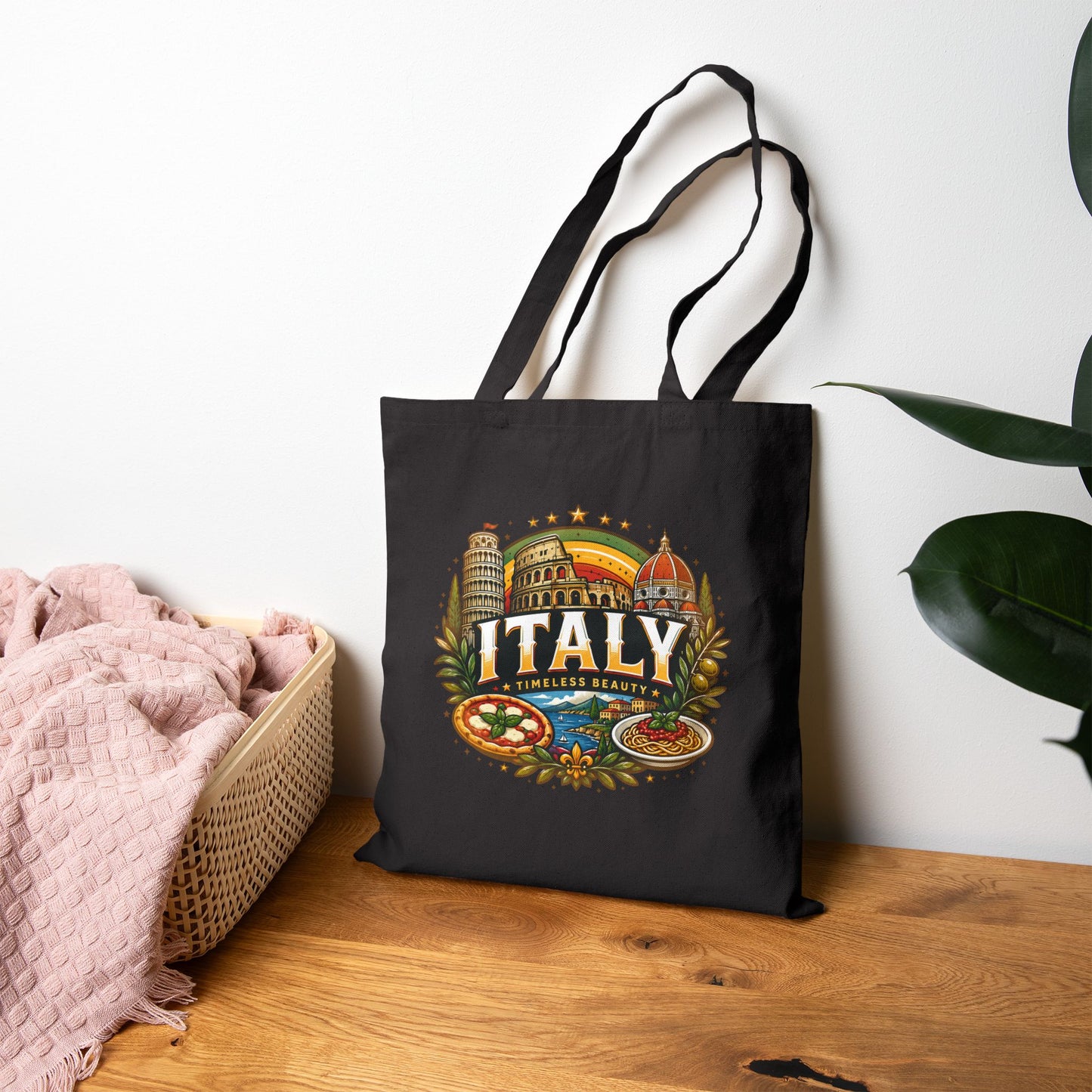 Black travel tote bag with “Italy” colorful landmark graphic on front