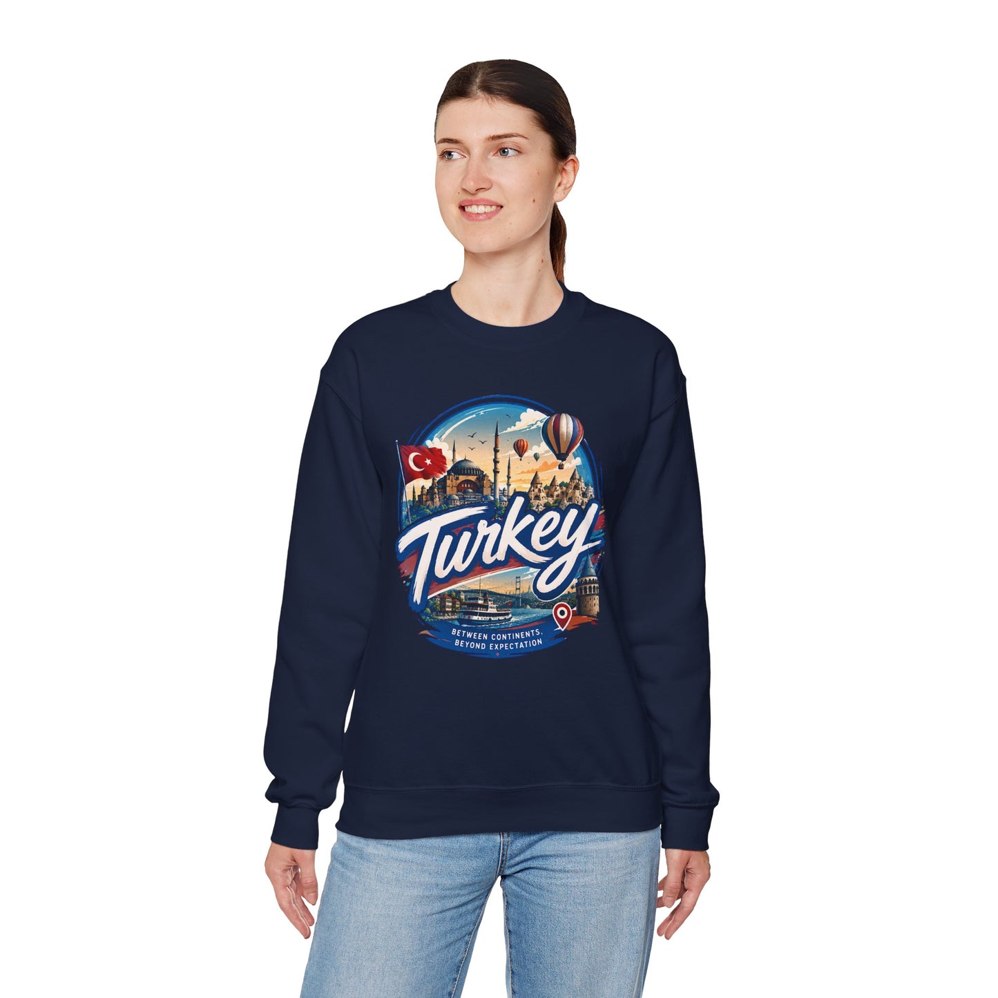 Navy crewneck sweatshirt with retro “Turkey” graphic on the chest, long sleeves
