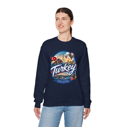 Navy crewneck sweatshirt with retro “Turkey” graphic on the chest, long sleeves