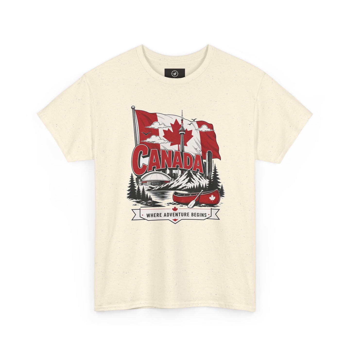 Natural cream Canada graphic T-shirt with canoe-and-maple leaf illustration at center