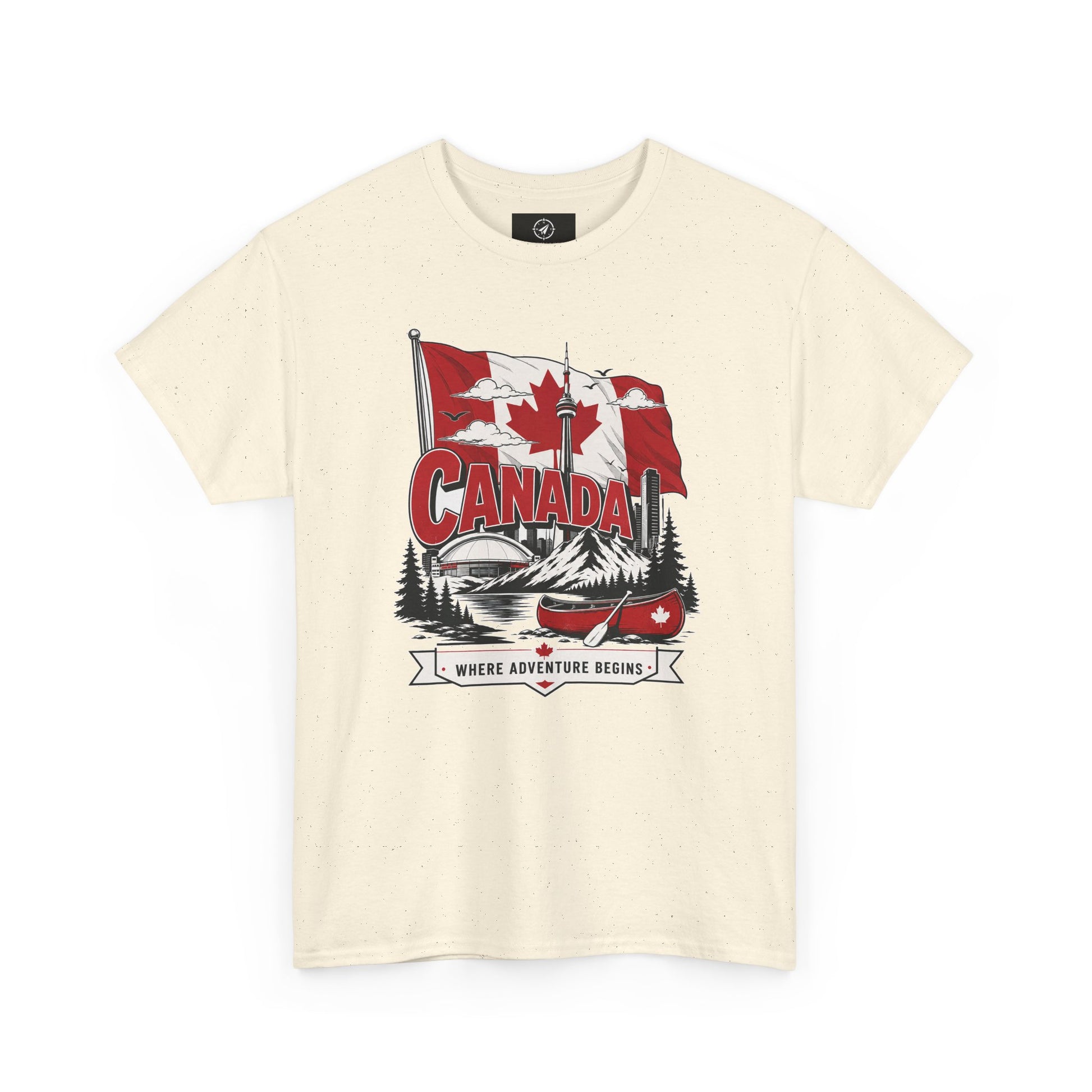 Natural cream Canada graphic T-shirt with canoe-and-maple leaf illustration at center