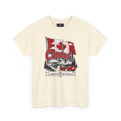 Natural cream Canada graphic T-shirt with canoe-and-maple leaf illustration at center