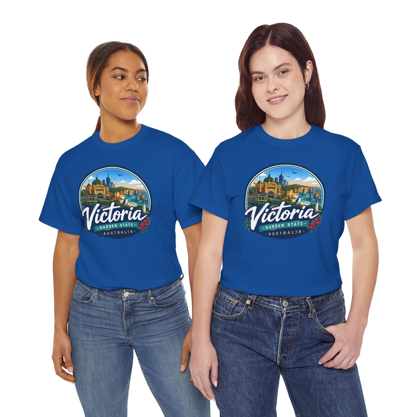 Blue crew-neck tee with circular city graphic and Victoria text on chest