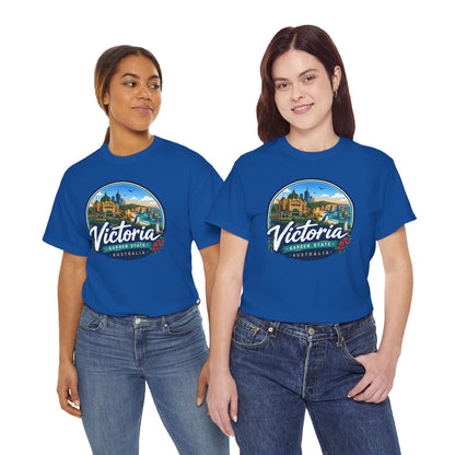 Blue crew-neck tee with circular city graphic and Victoria text on chest
