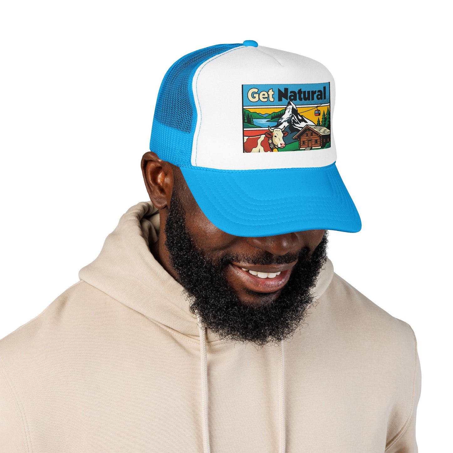 Trucker hat with white front panel, bright blue mesh back, blue brim, and Get Natural patch
