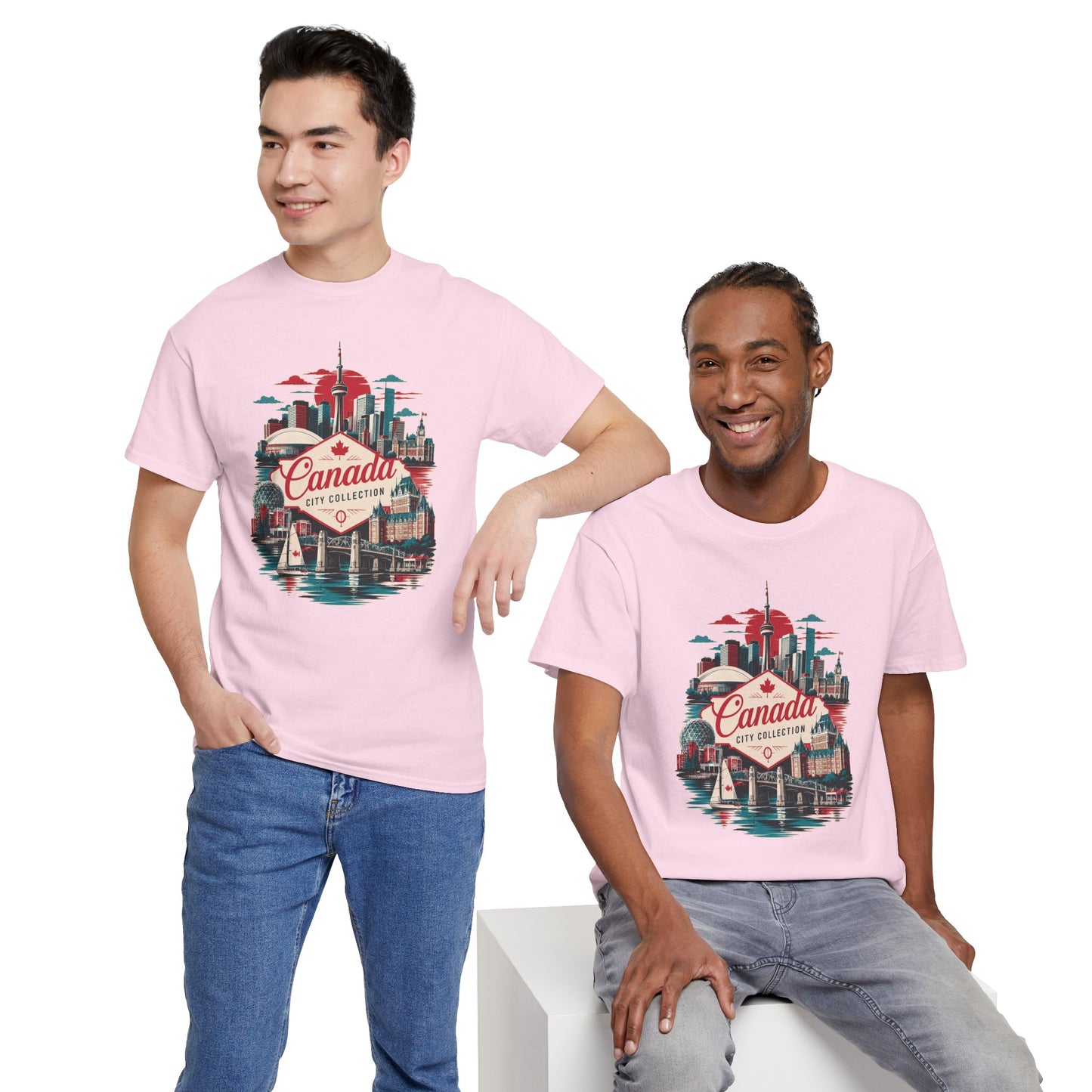 Pink crewneck T-shirt with Canada city skyline graphic, worn by two models