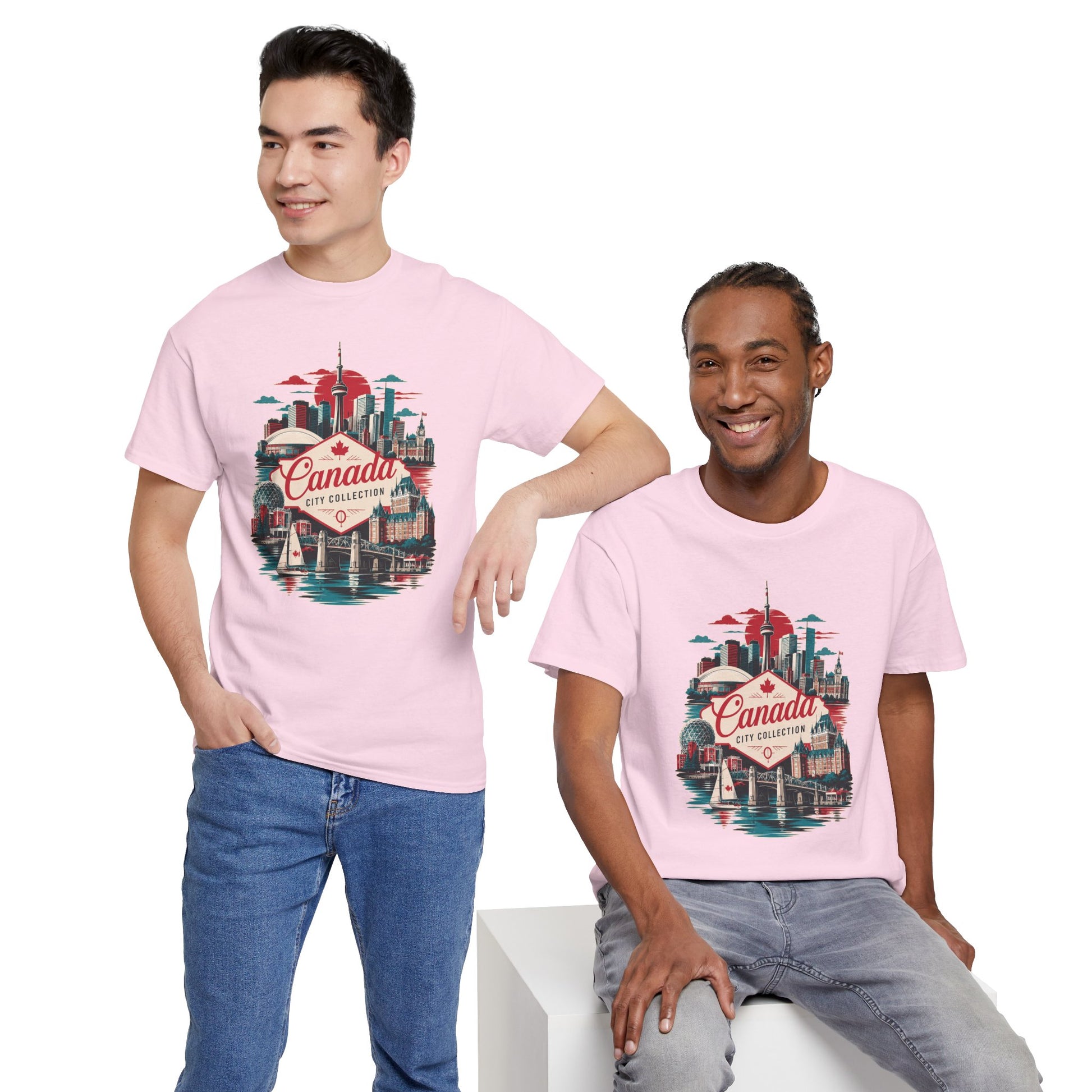 Pink crewneck T-shirt with Canada city skyline graphic, worn by two models