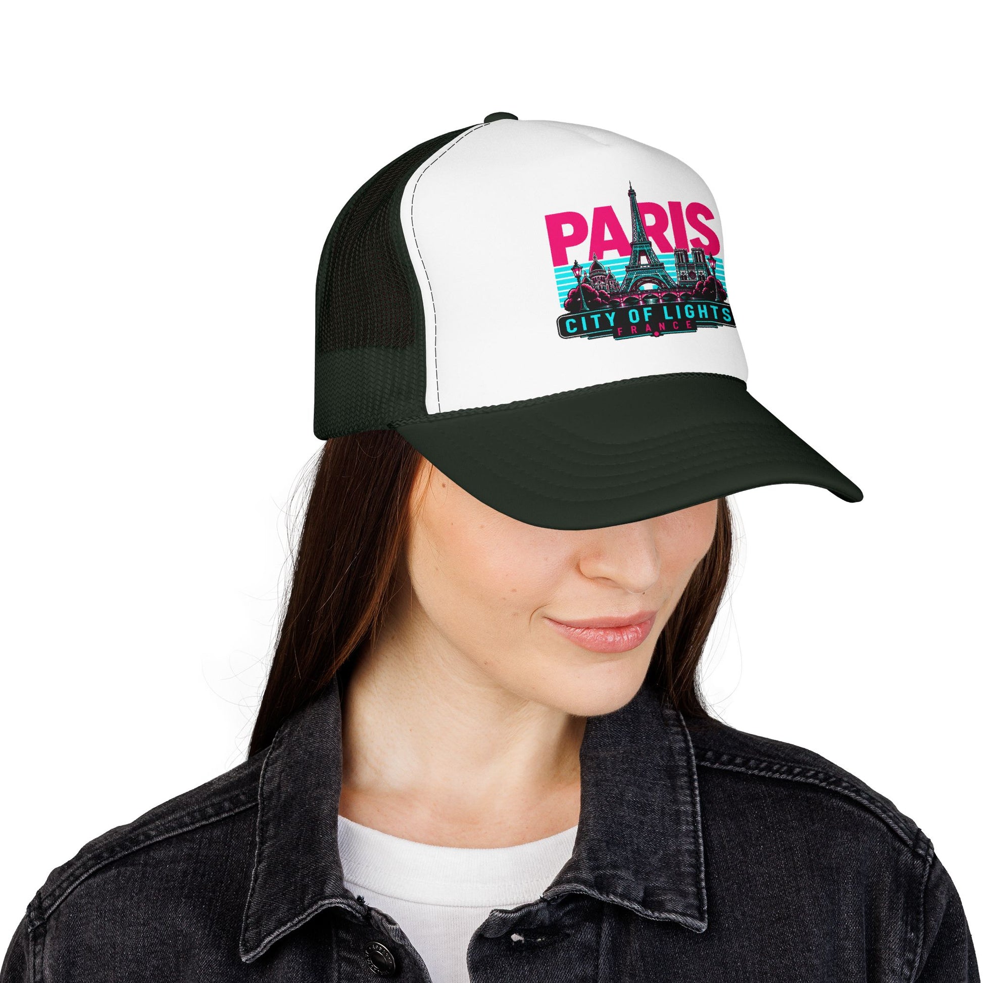 Black and white trucker hat with black brim, Paris City of Lights print on front