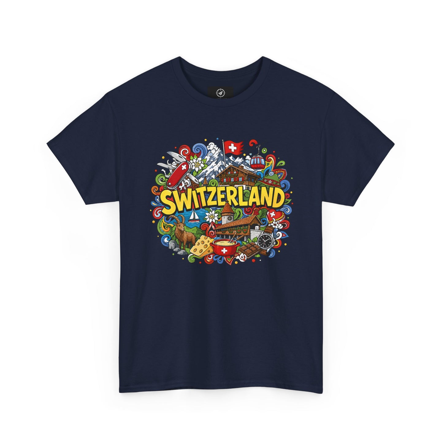 Men's travel T-shirt in navy with colorful Swiss-themed "SWITZERLAND" graphic