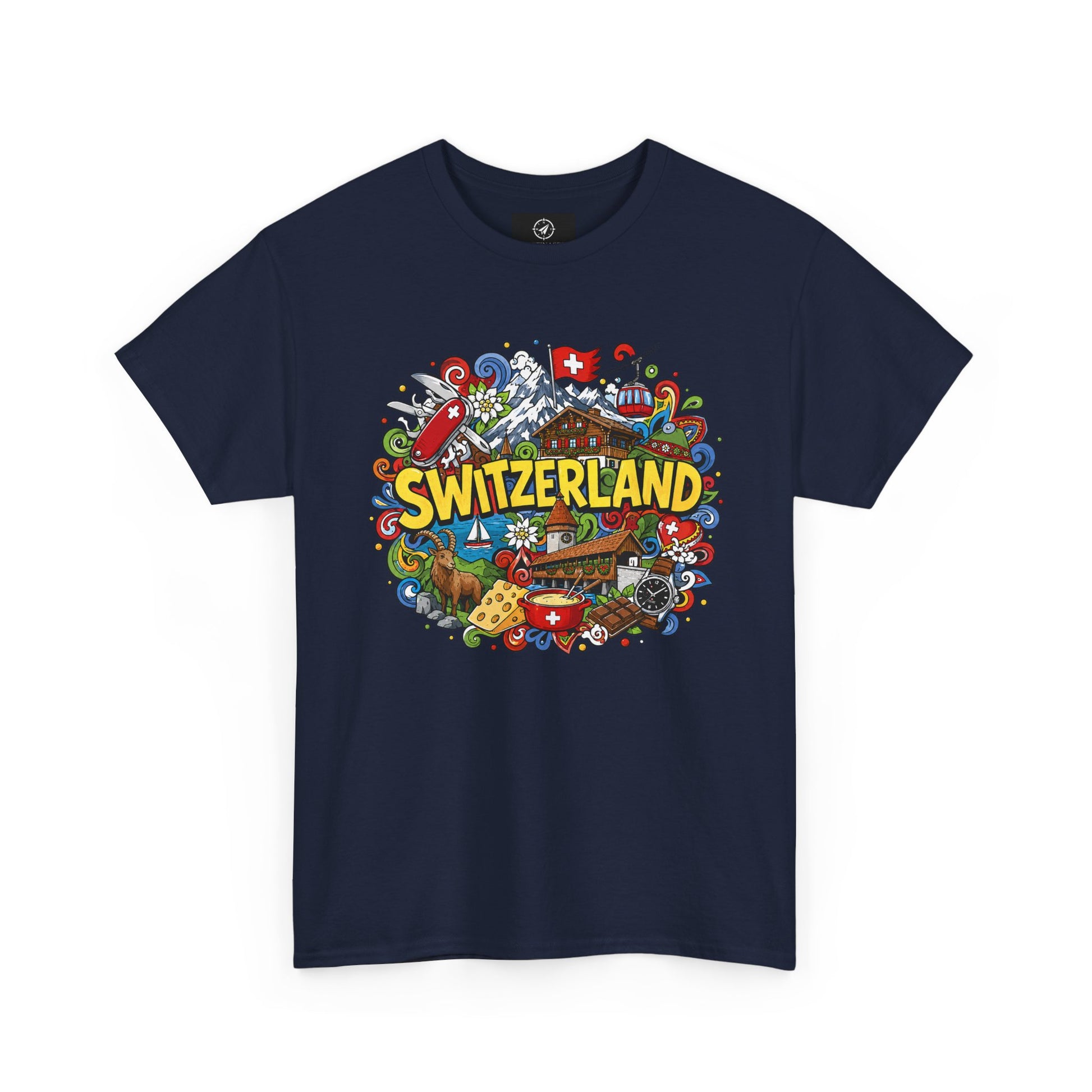 Men's travel T-shirt in navy with colorful Swiss-themed "SWITZERLAND" graphic