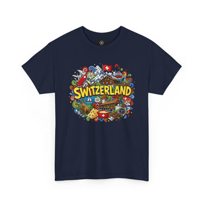 Men's travel T-shirt in navy with colorful Swiss-themed "SWITZERLAND" graphic