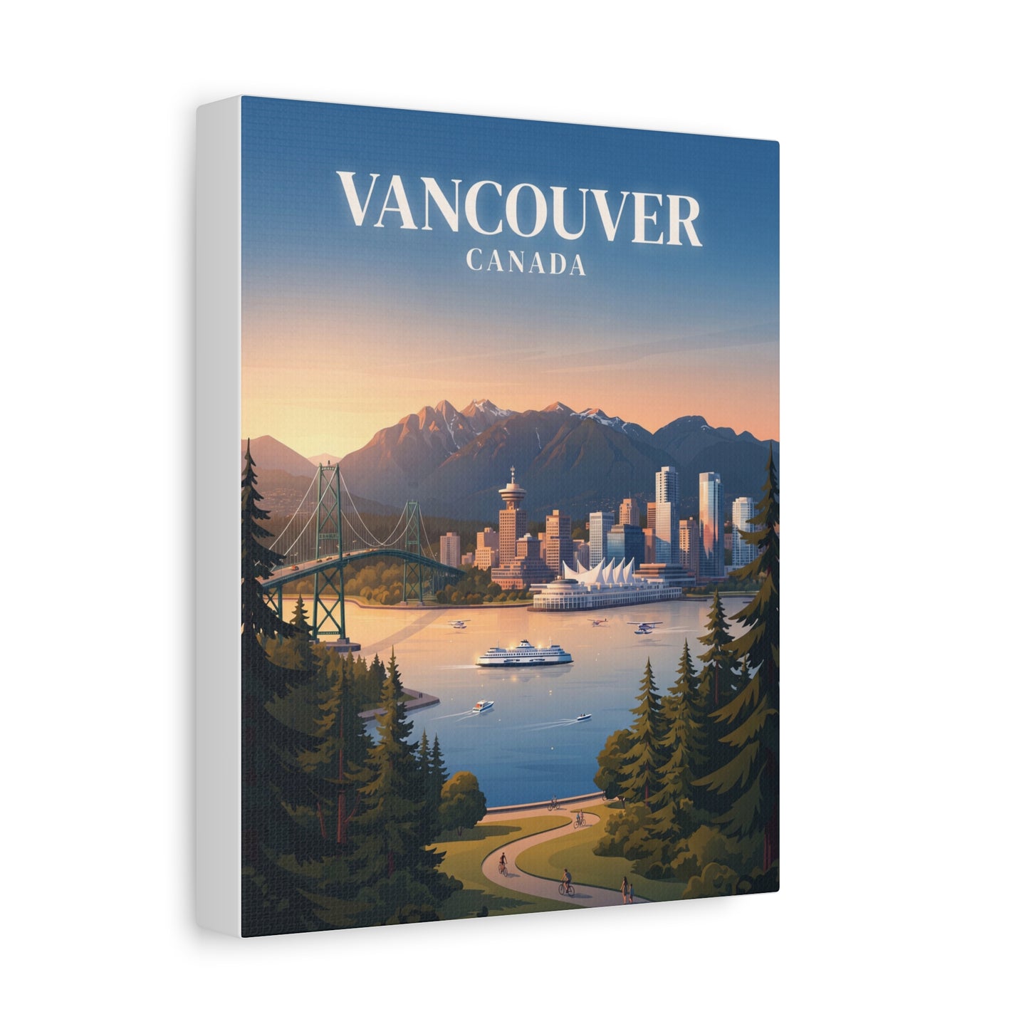 Matte canvas wall art with VANCOUVER title, city skyline, bridge, harbor water, and mountains.