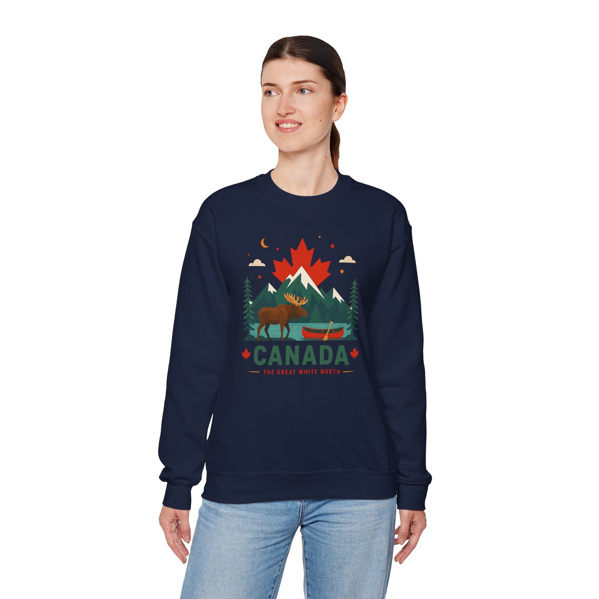 Navy crewneck sweatshirt with Canada graphic and canoe scene, worn by model