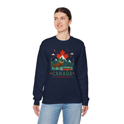 Navy crewneck sweatshirt with Canada graphic and canoe scene, worn by model