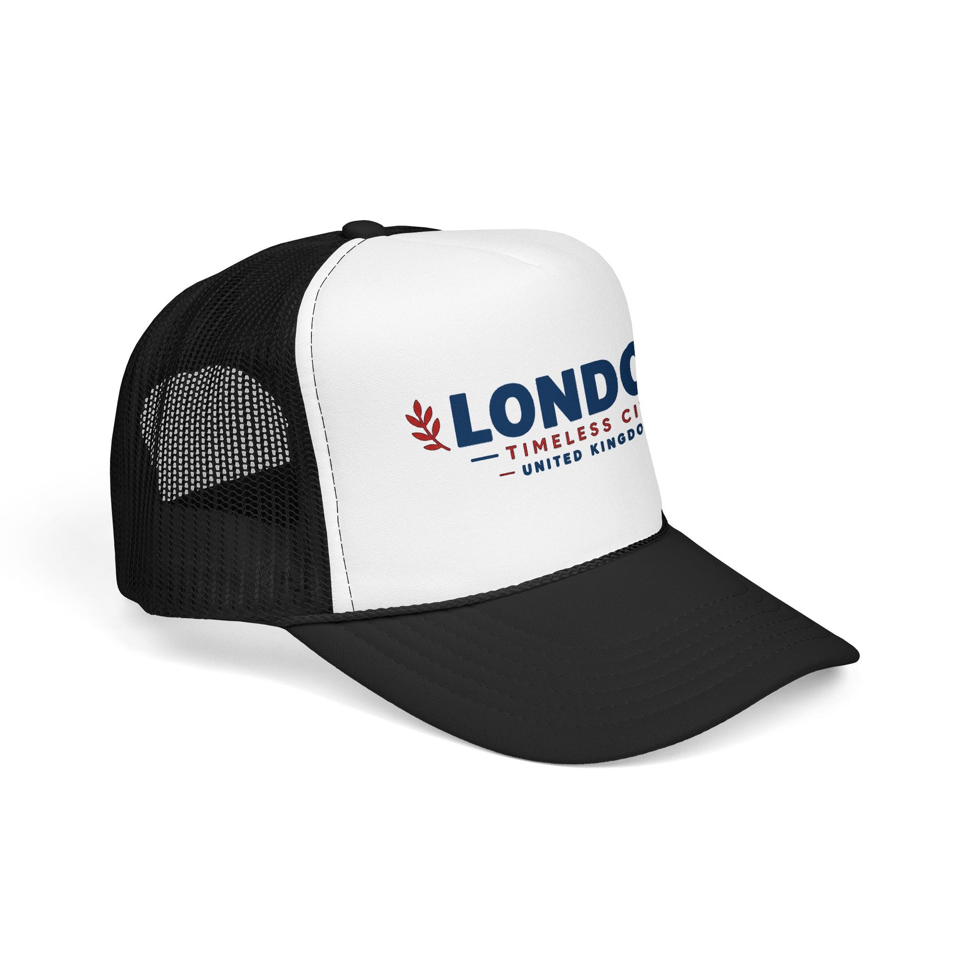 White-and-black foam trucker hat with mesh sides and blue “LONDON” front logo