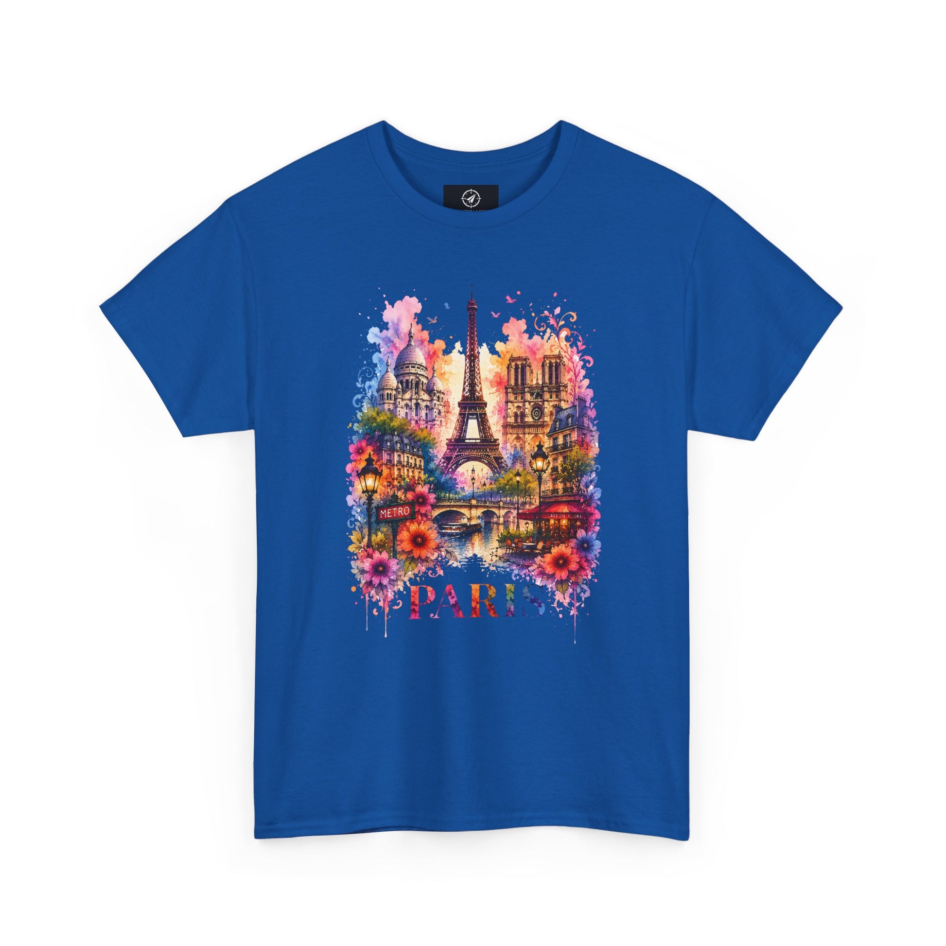 Blue T-shirt with colorful Eiffel Tower floral watercolor graphic and PARIS text