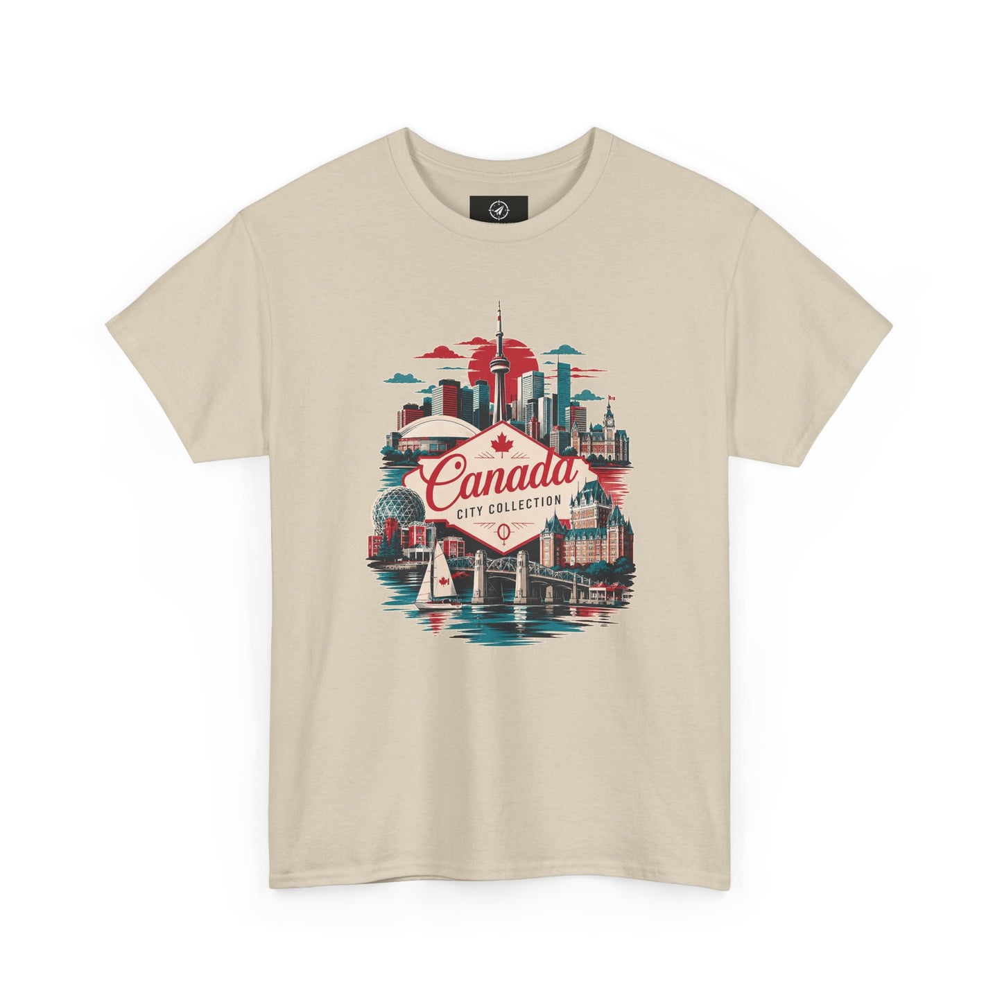 Beige crewneck T-shirt with Canada city skyline graphic in red and teal