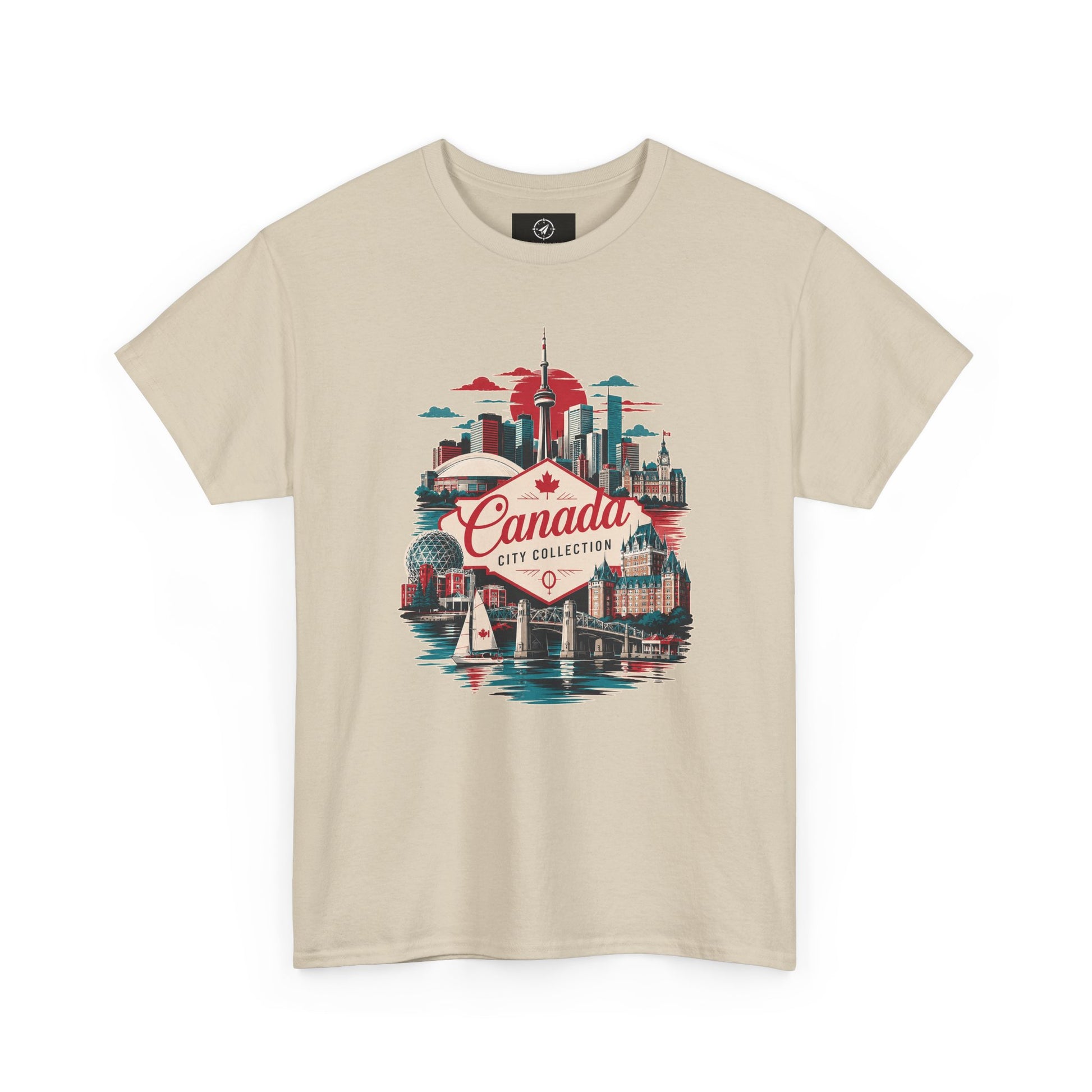 Beige crewneck T-shirt with Canada city skyline graphic in red and teal