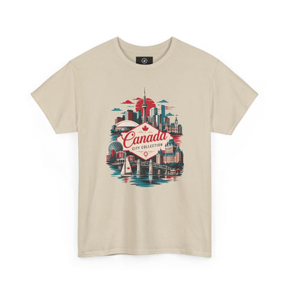 Beige crewneck T-shirt with Canada city skyline graphic in red and teal