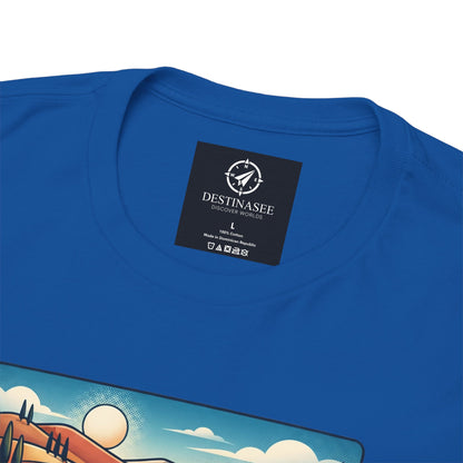 Blue T-shirt neckline with brand tag and partial Italy scenic graphic