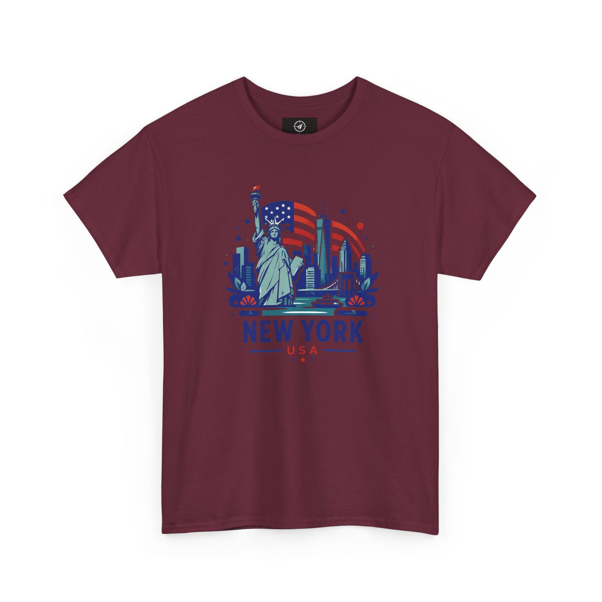 Maroon T-shirt with Statue of Liberty and New York USA graphic on front