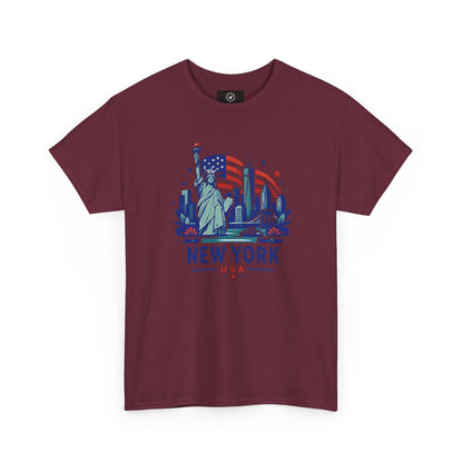 Maroon T-shirt with Statue of Liberty and New York USA graphic on front