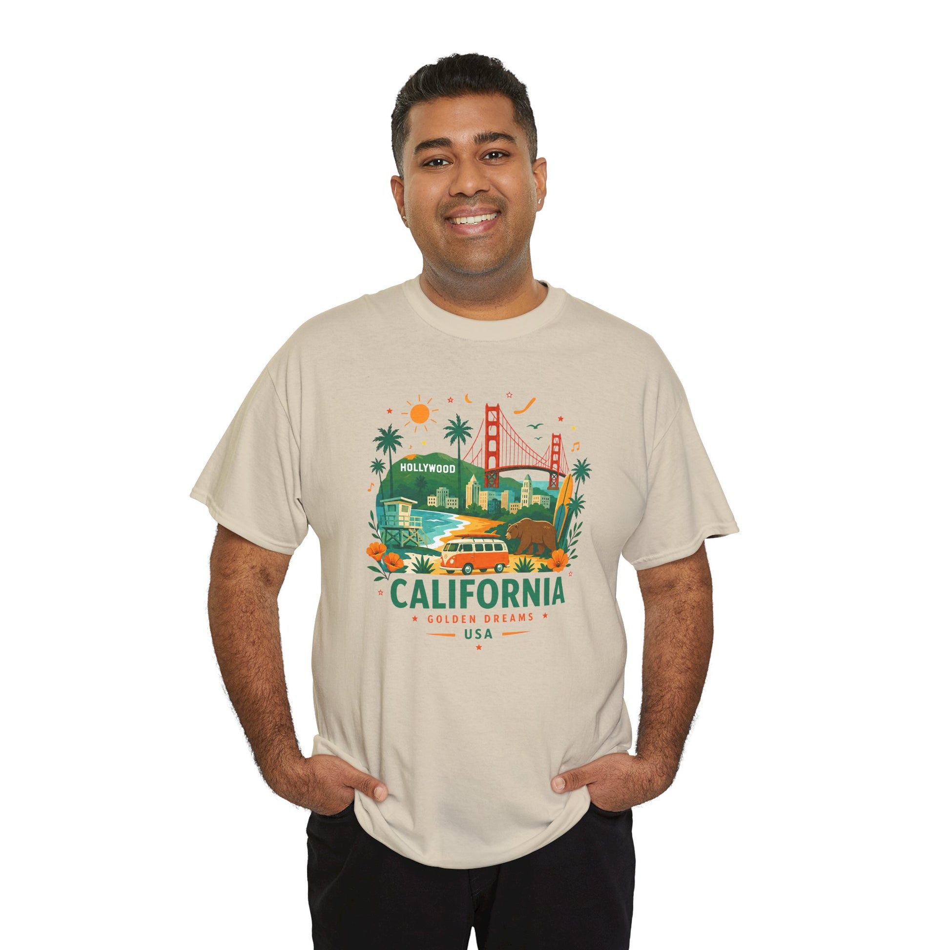 Beige crew-neck T-shirt with colorful California graphic on the chest