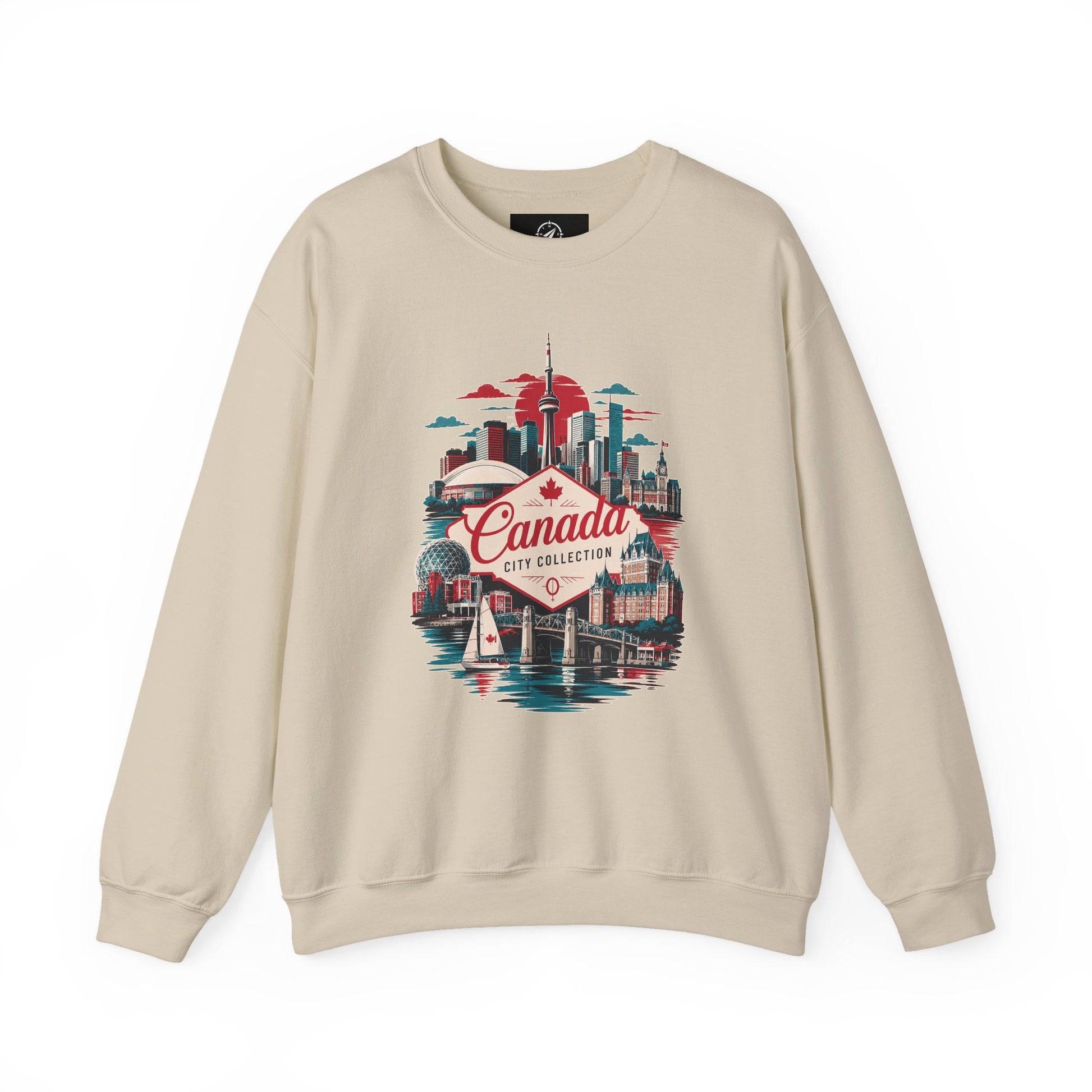 Crewneck sweatshirt in sand with colorful Canada skyline graphic on front